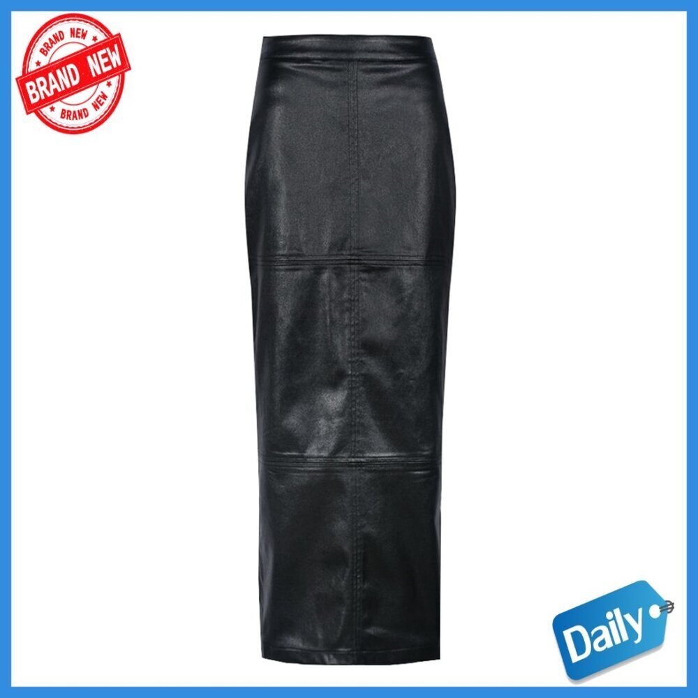 Leather Maxi Skirt High Waisted A-Line with Slit Business Casual